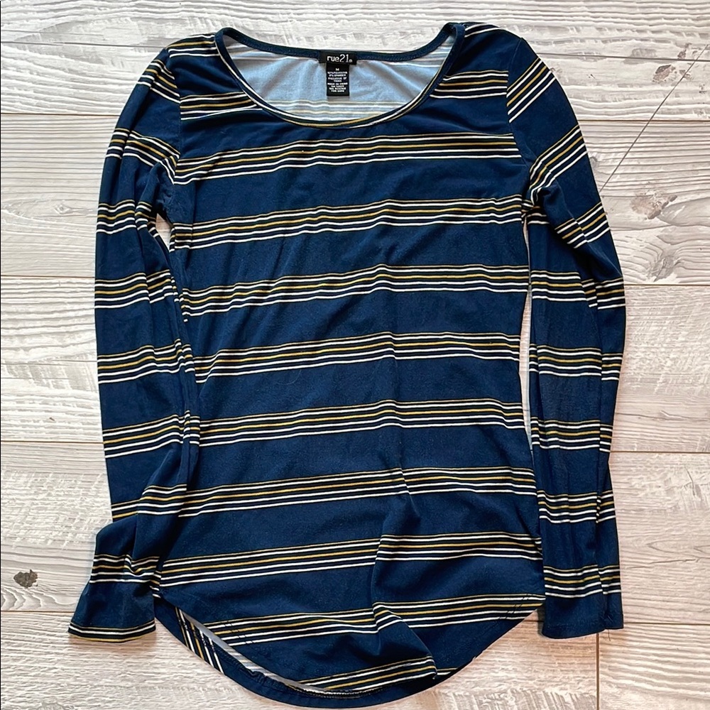 Merona Fitted Long Sleeve Blue and Gold Tee